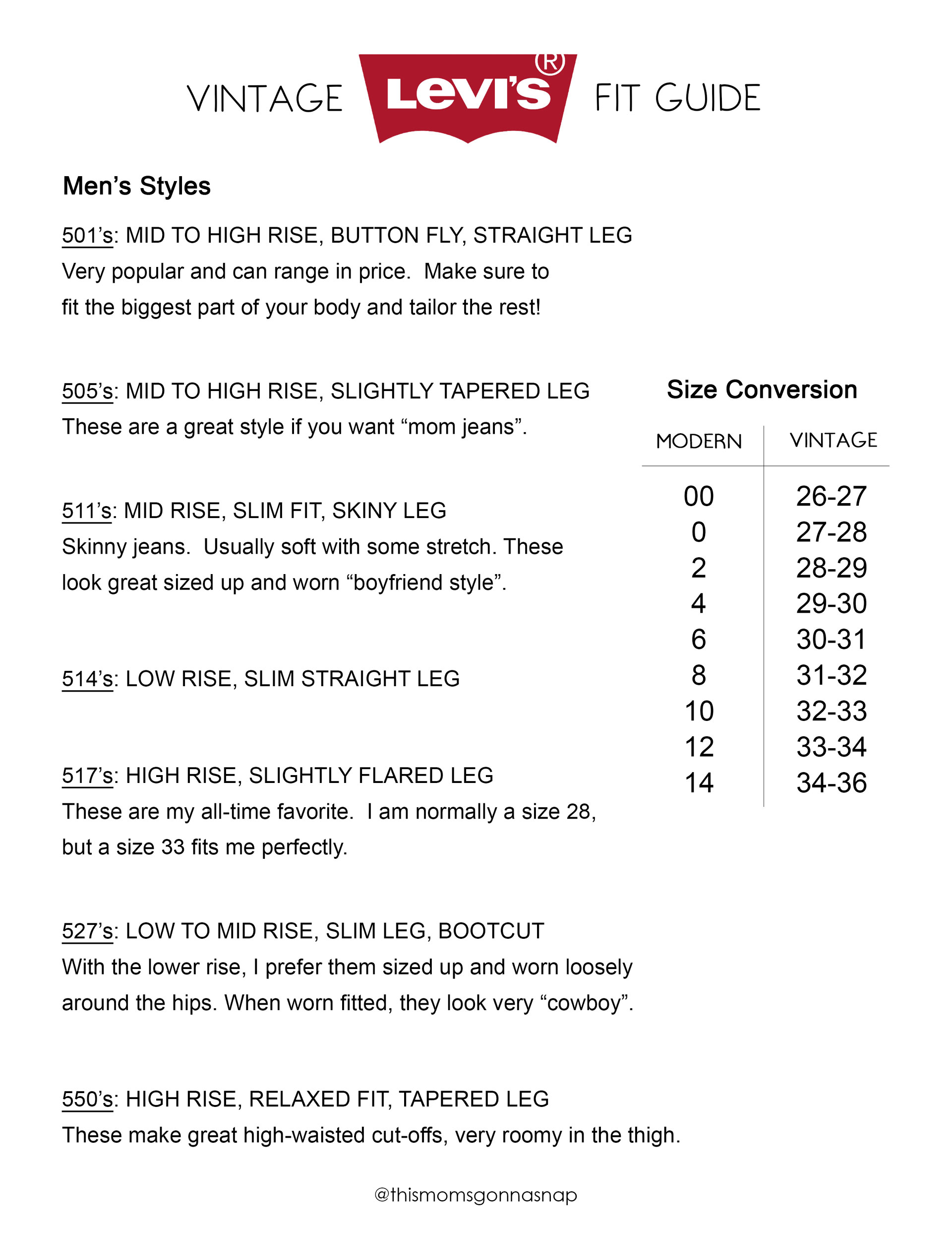 levis measurement chart