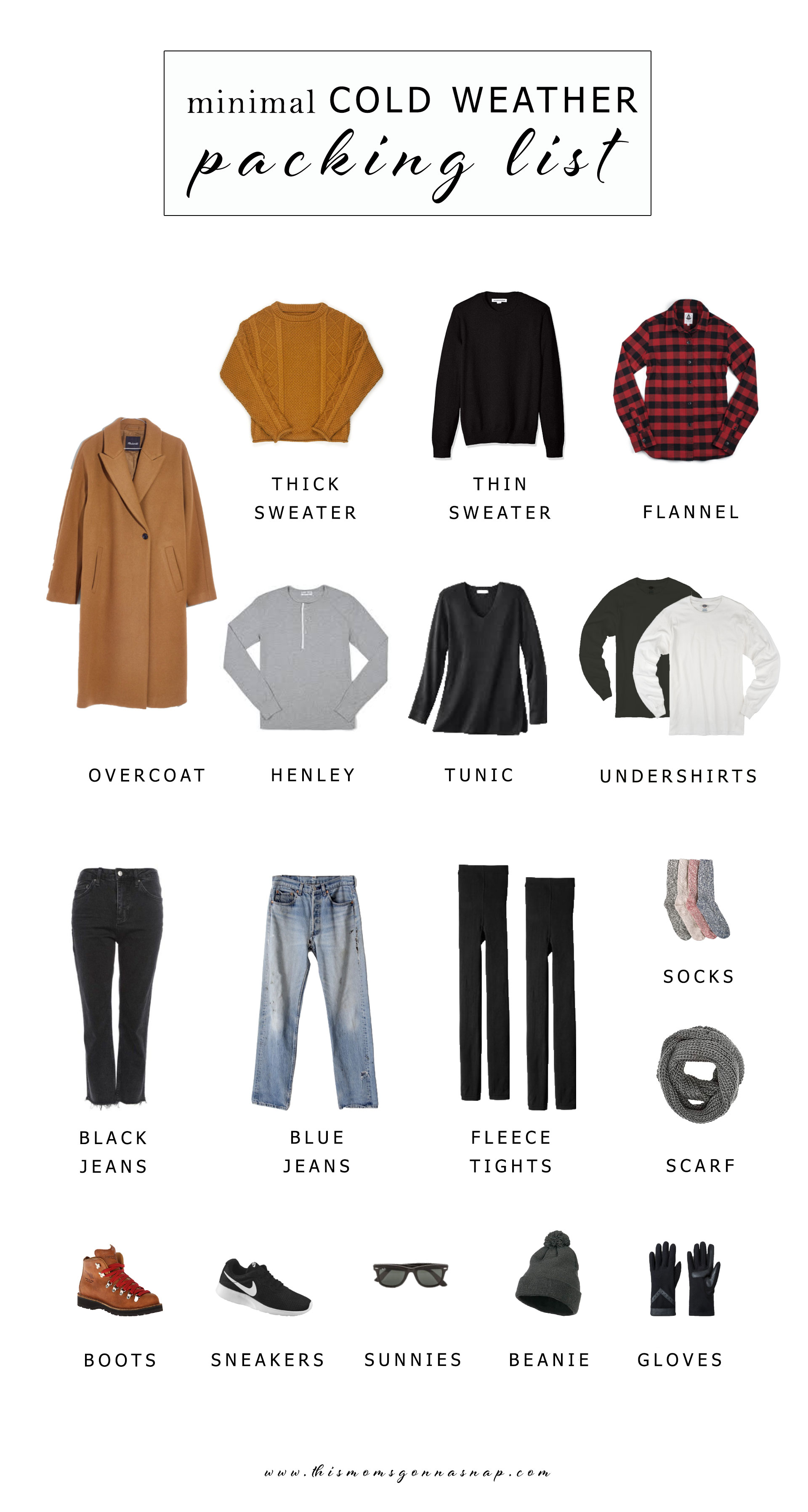 minimal cold weather packing list, packing list for the midwest, packing for winter in a carry-on, winter essentials 